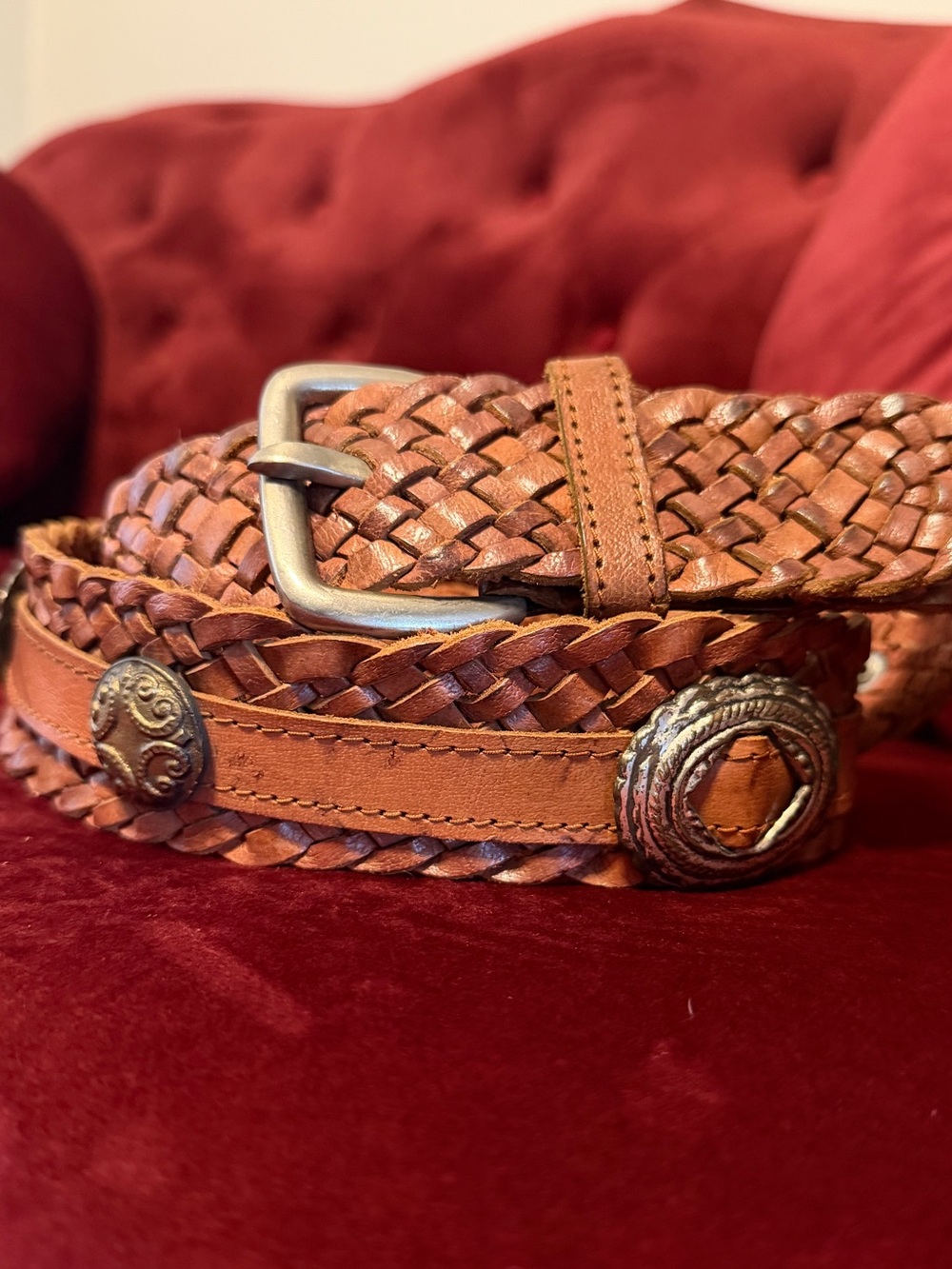 Omega vintage braided leather belt Western Metal Conchos